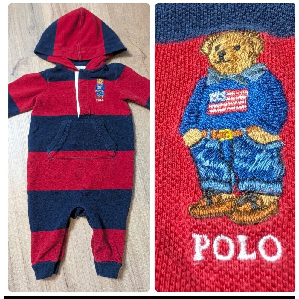 Ralph Lauren POLO BEAR Baby Boy Size 6M Hooded Romper One Piece Striped *Read